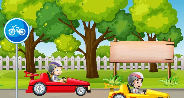 Escena del parque con coche de carreras de niños — Vector de stock