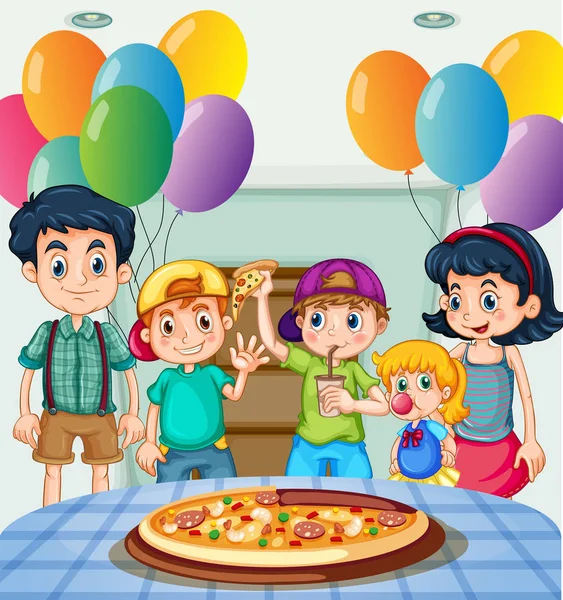 Niños comiendo pizza en la fiesta — Vector de stock