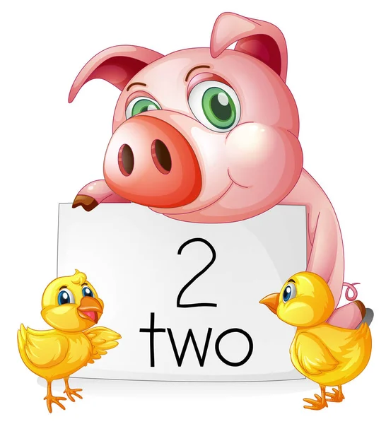 Counting number two with pig and chicks — Stock Vector