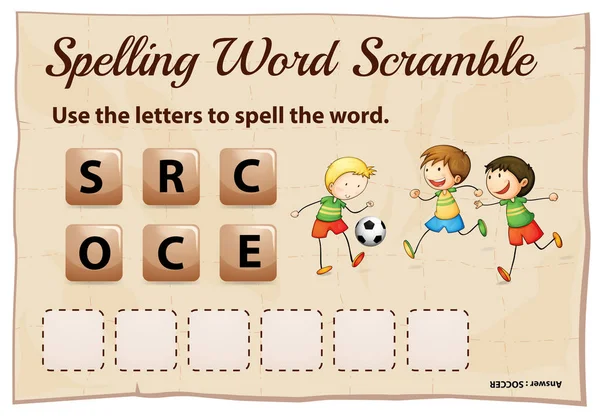 Spelling word scramble game with word soccer — Stock Vector