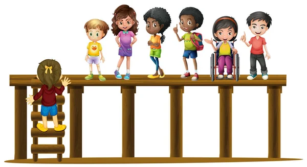 Crianças em pé no tronco de madeira —  Vetores de Stock