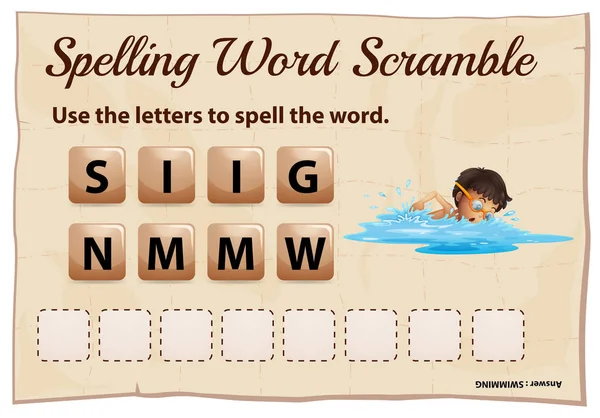 Spelling word scramble game with word swimming — Stock Vector