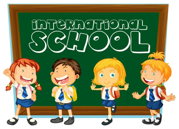 Panneau scolaire international avec des élèves en uniforme — Image vectorielle