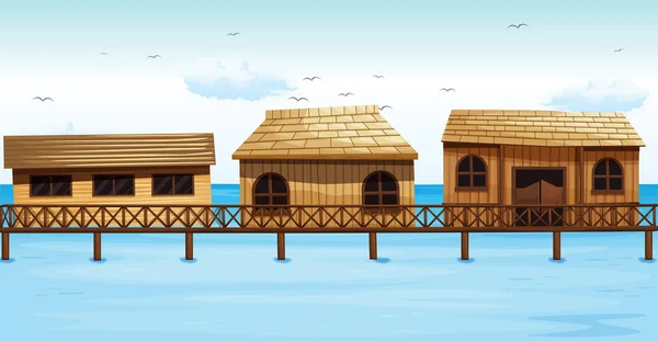 Drie vakantiehuisjes op water — Stockvector