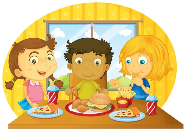 Three kids having meal on table — Stock Vector