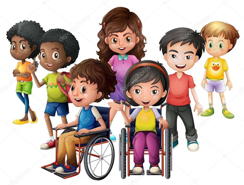 Happy children standing and on wheelchairs