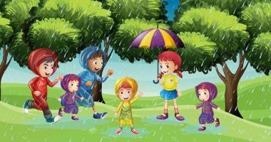 Park sahne yağmur altında çalışan çocuklu 