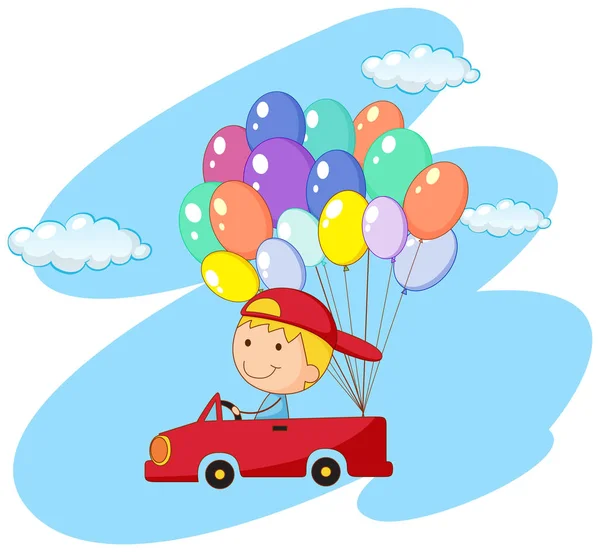 Niño conduciendo coche rojo con globos — Archivo Imágenes Vectoriales