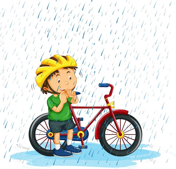 Menino andar de bicicleta na chuva — Vetor de Stock
