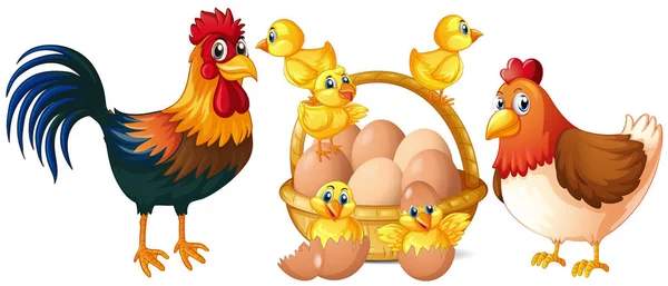 Kycklingar och små kycklingar med korg med ägg — Stock vektor