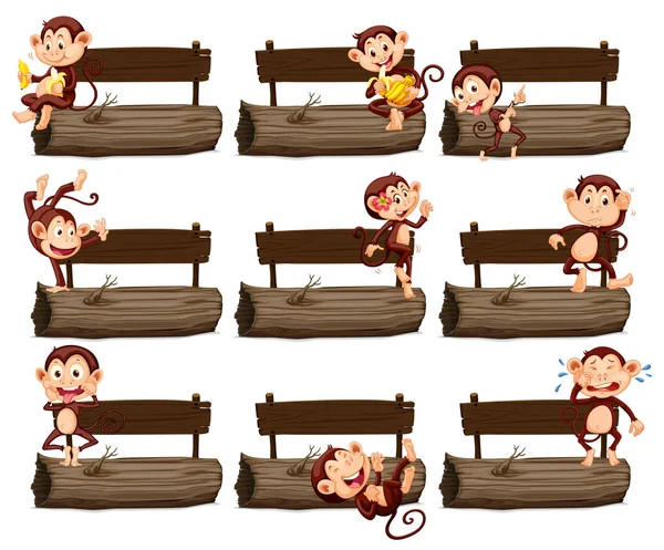 Sinal de madeira e muitos macacos no log — Vetor de Stock