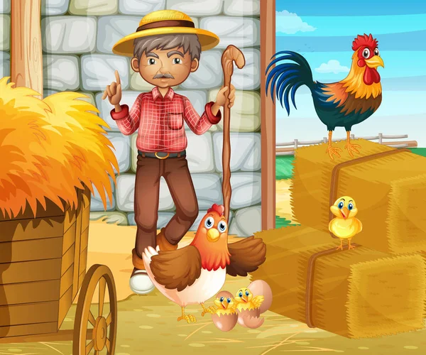 Farmer and chickens in the barn — Stock Vector