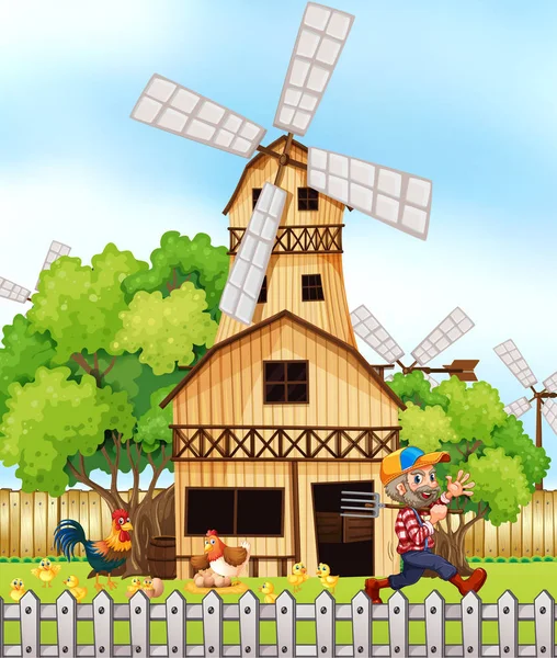 Agricultor y pollos junto al molino de viento — Vector de stock