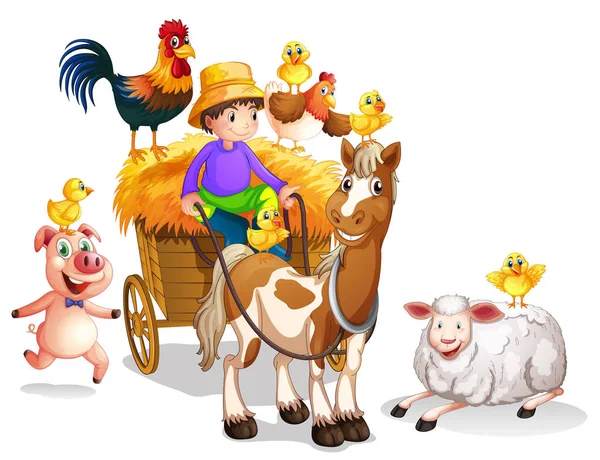Agricoltore e molti animali da fattoria — Vettoriale Stock