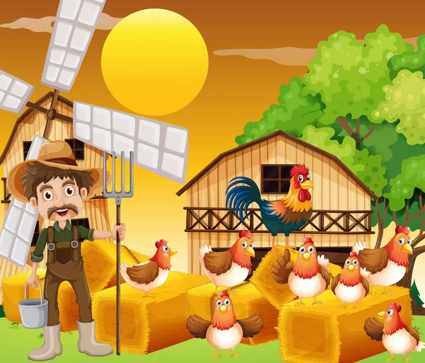 Agricultor e galinhas na fazenda — Vetor de Stock