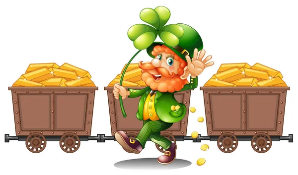Leprechaun com três carrinhos de ouro — Vetor de Stock