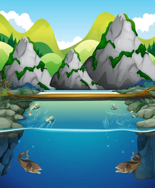 Escena fluvial con peces y montaña — Vector de stock