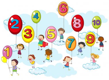 Counting numbers with kids on balloons clipart