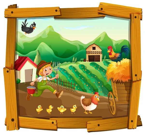 Agricultor y pollos en la granja — Vector de stock