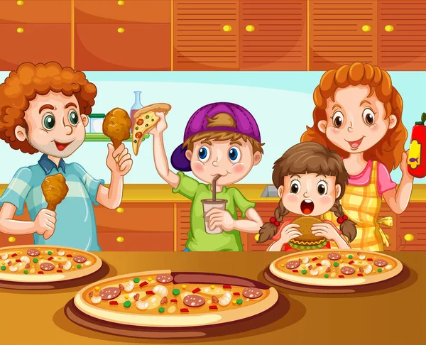 Familia comiendo pizza en la cocina — Archivo Imágenes Vectoriales