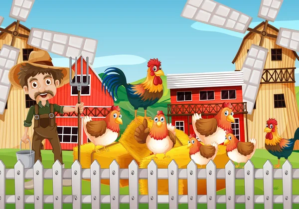 Agricultor y pollos en la granja — Vector de stock