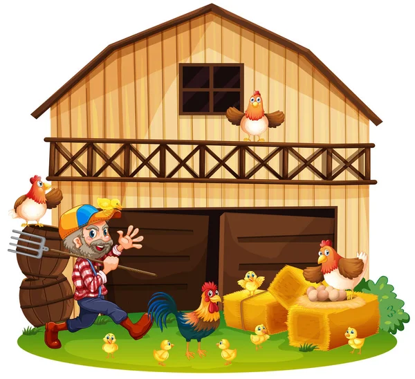 Agricultor e galinhas na fazenda —  Vetores de Stock