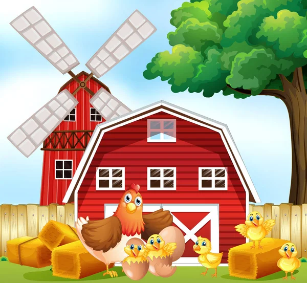 Hen and chicks on the farm — Stock Vector