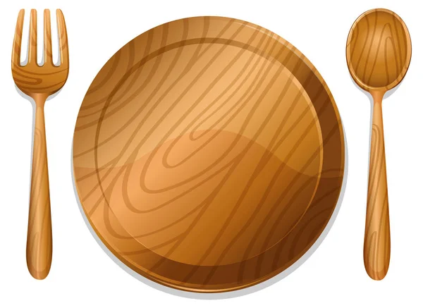Деревянная тарелка с вилкой и ложкой — стоковый вектор