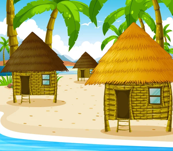 Three wooden cottages on the beach — Stock Vector