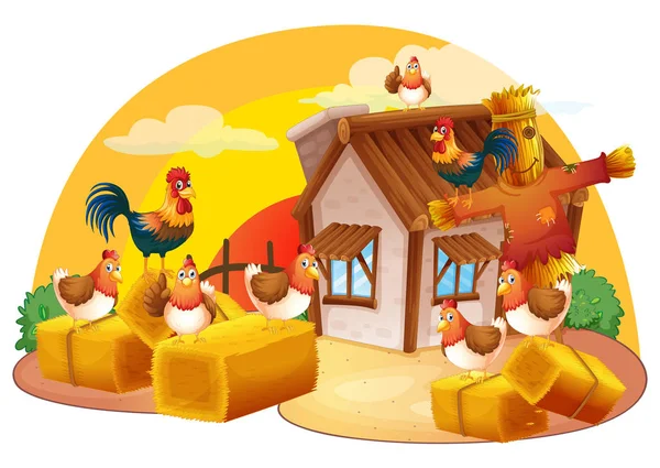 Chickens and scarecrow in the farm — Stock Vector