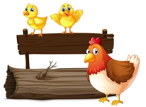 Wooden sign with two chicks and hen — Stock Vector