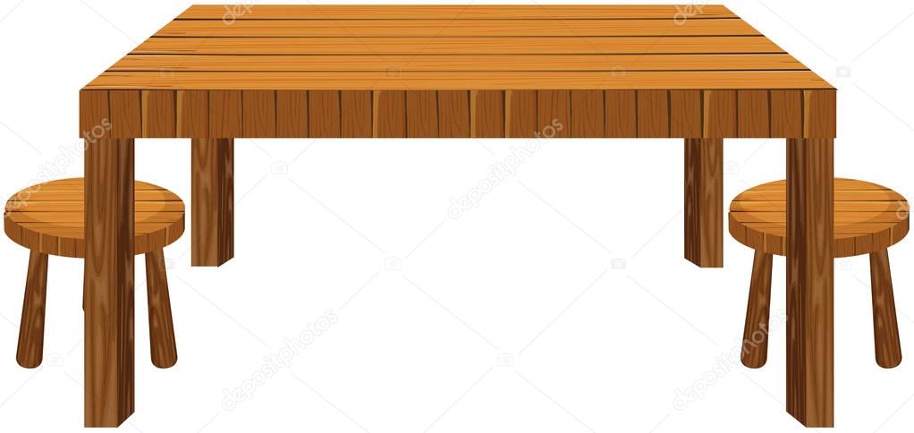Wooden table and stools on white background