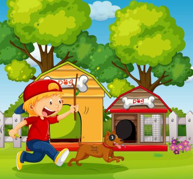 Çocuğu kovalayan köpek bahçe içinde
