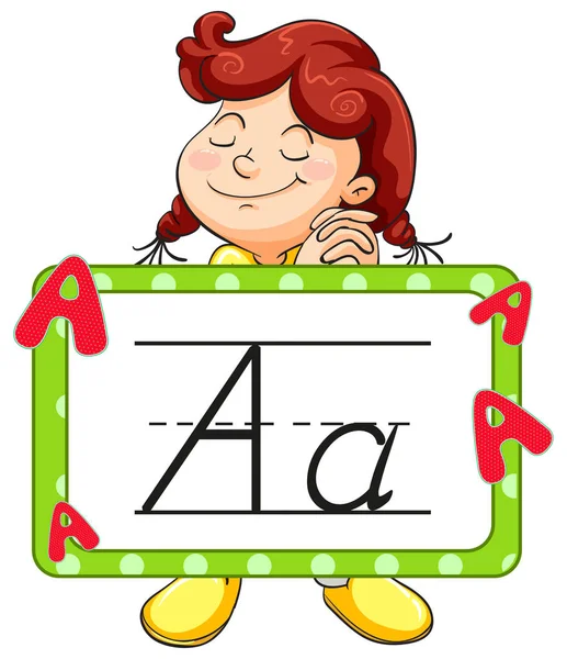 Happy girl and alphabet flashcard for letter A — Stock Vector
