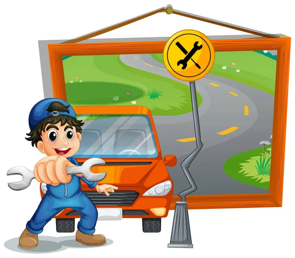 Mechanic fixing car on the road — Stock Vector