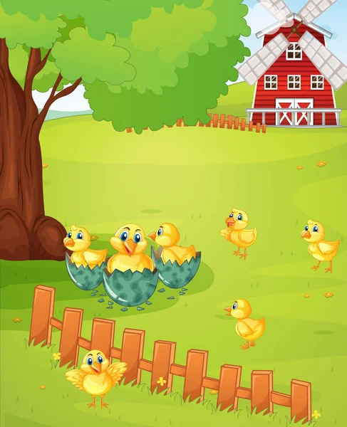 Little chicks on the farmyard — Stock Vector