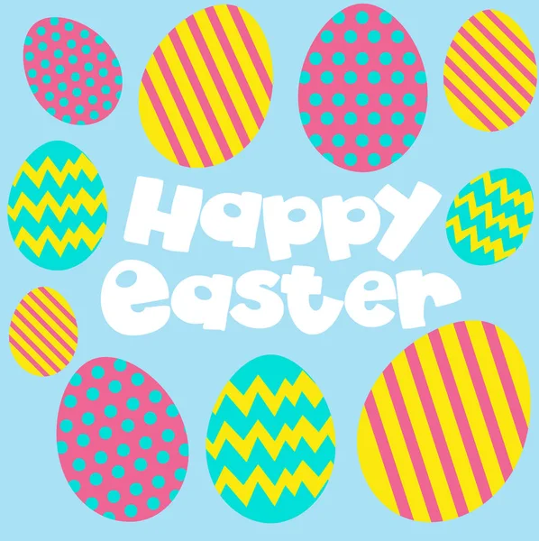 Happy Easter poster with eggs on blue background — Stock Vector