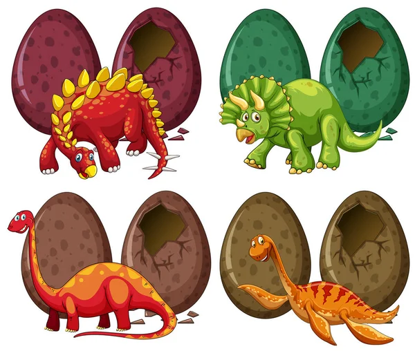 Cuatro tipos de dinosaurios y huevos — Vector de stock