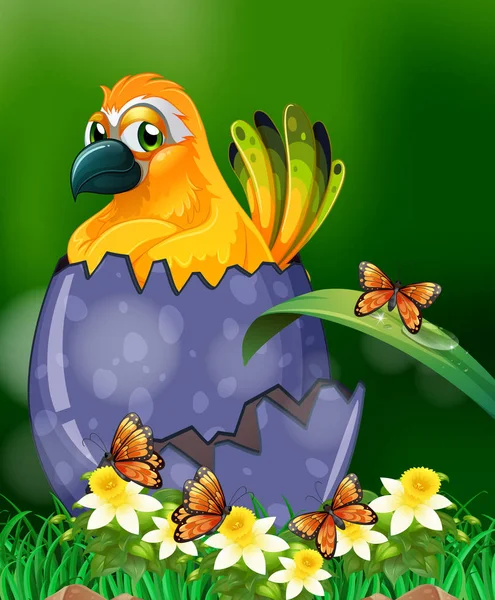 Žlutý pták násadové vejce v zahradě — Stockový vektor