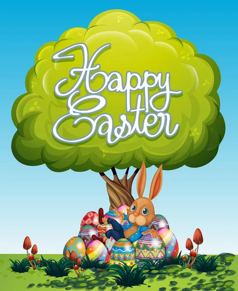 Happy Easter poster with bunny and eggs under the tree — Stock Vector