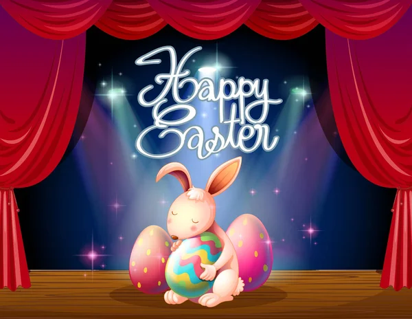 Happy Easter card with bunny and eggs on stage