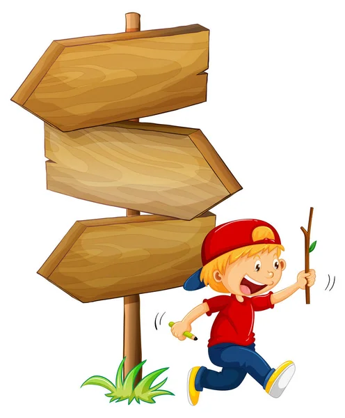 Wooden signs and little boy with stick — Stock Vector