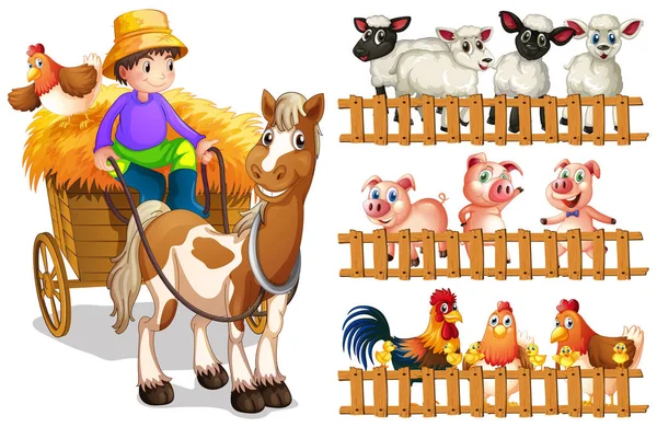 Farmer on wagon and animals behide fence — Stock Vector