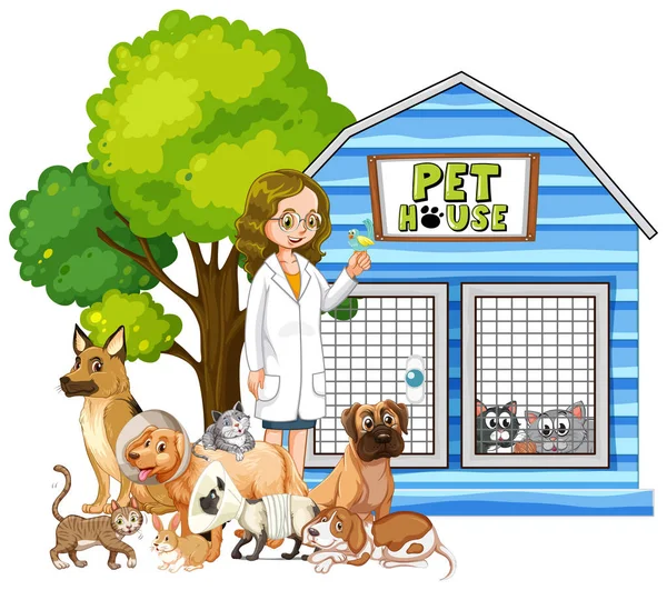 Animales veterinarios y enfermos en casa de mascotas — Vector de stock