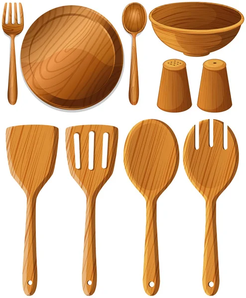 Different types of utensils made of wood — Stock Vector