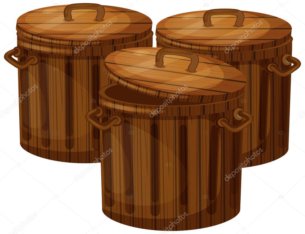 Three wooden buckets with lids