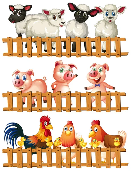Farm animals behind the wooden fence — Stock Vector