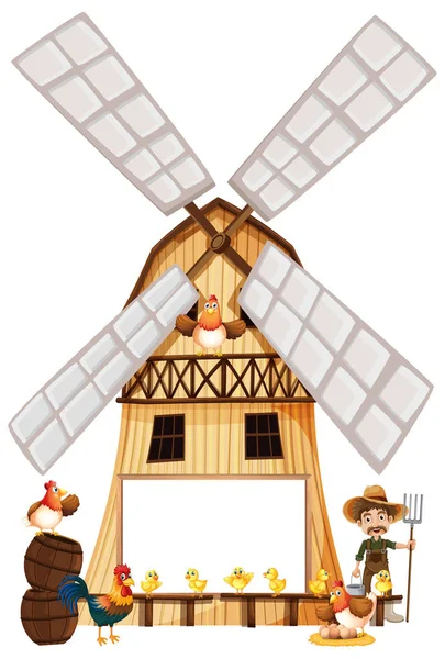 Agricultor e galinhas no moinho de vento — Vetor de Stock