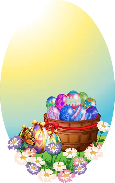 Modello di sfondo con uova di Pasqua nel cestino — Vettoriale Stock