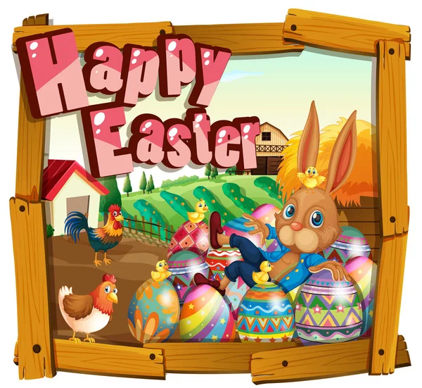 Joyeux modèle de carte de Pâques avec lapin dans la ferme — Image vectorielle